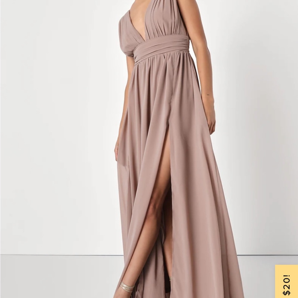 Heavenly Hues Lulus Taupe maxi dress with a slit